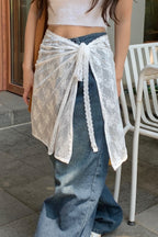 White Lace Apron Skirt with Tie Versatile Half Skirt image 4