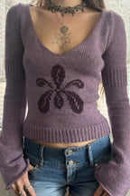 V Neck Floral Jacquard Sweater image 2