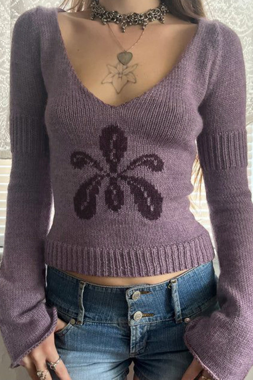 V Neck Floral Jacquard Sweater image 13