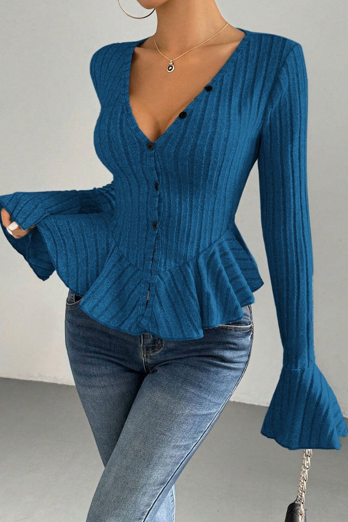 Flounced V-Neck Bodycon Knit Top image 7