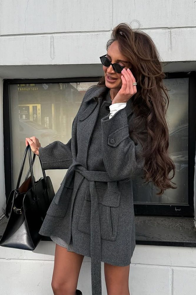Solid Color Lapel Belted Wool Coat image 2