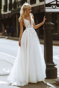 Minimal Deep V Backless Lace Wedding Dress image 1