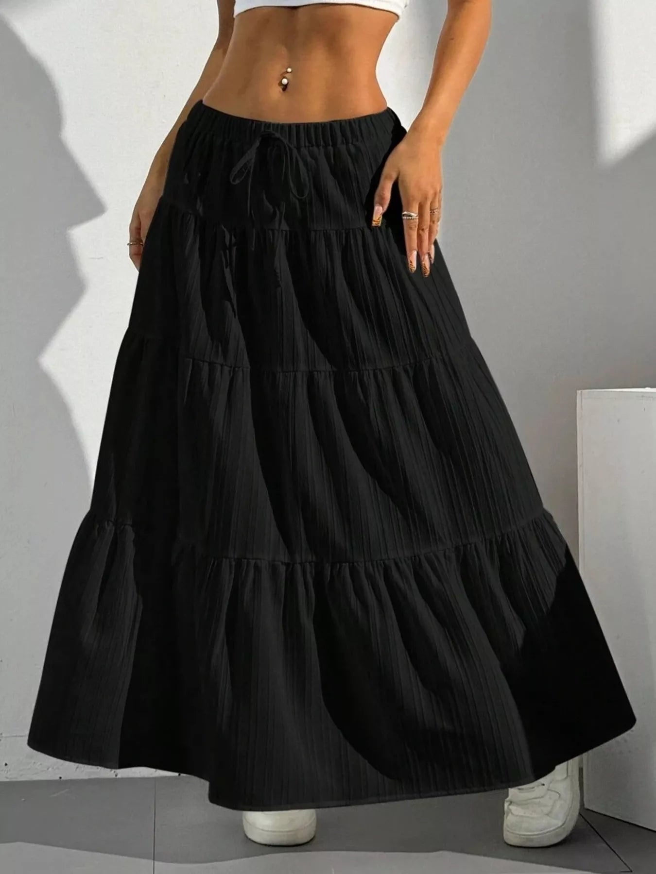 Capri Tiered Maxi Skirt detail view styled for Avrienne