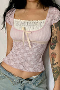 Square Neck Lace Spliced Tie Slim Blouse image 1