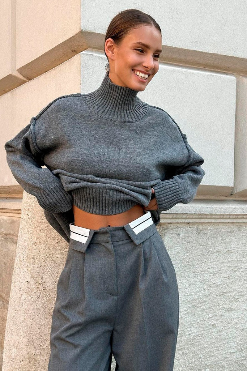 High Neck Patchwork Knit Sweater image 4