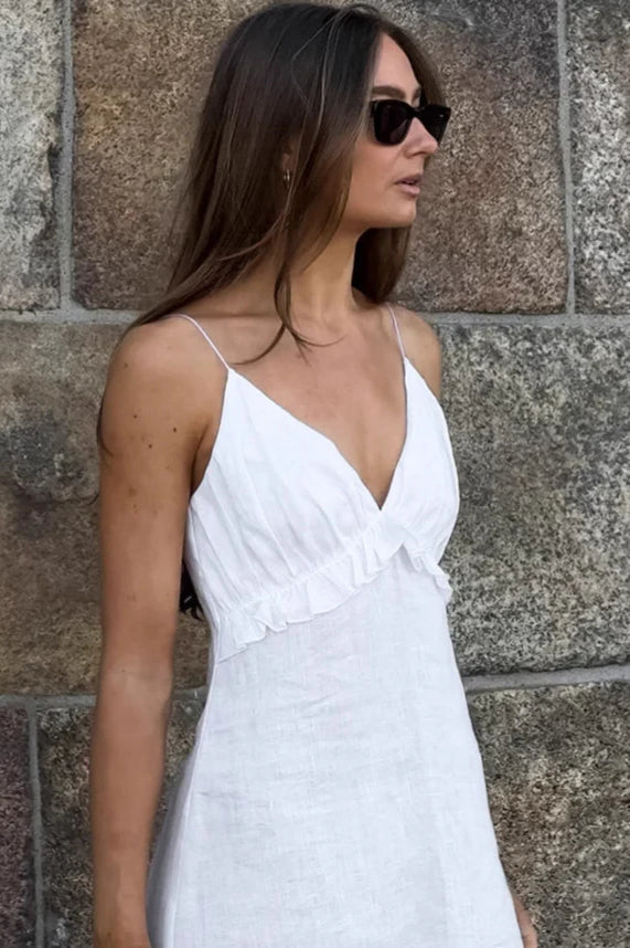 Sexy White Cotton Linen V-Neck Ruffle Loose Maxi Dress image 2