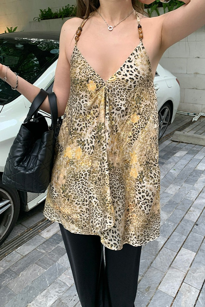 Chiffon V Neck Leopard Print Beaded Cami Top image 4