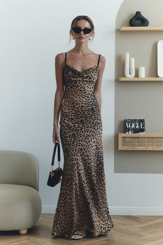 Leopard Cowl Neck Backless Maxi Dress image 1