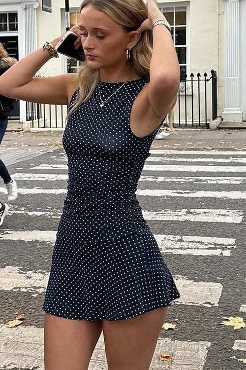 Black and White Polka Dot Sleeveless A-Line Mini Dress image 2