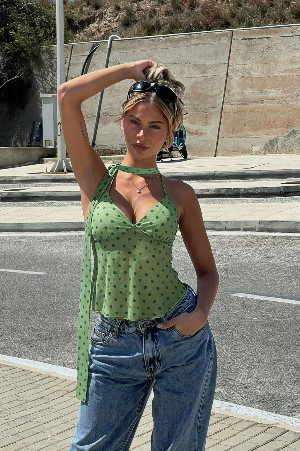 Chic Tie Dye Dot Mesh Deep V Slim Cami Top image 2