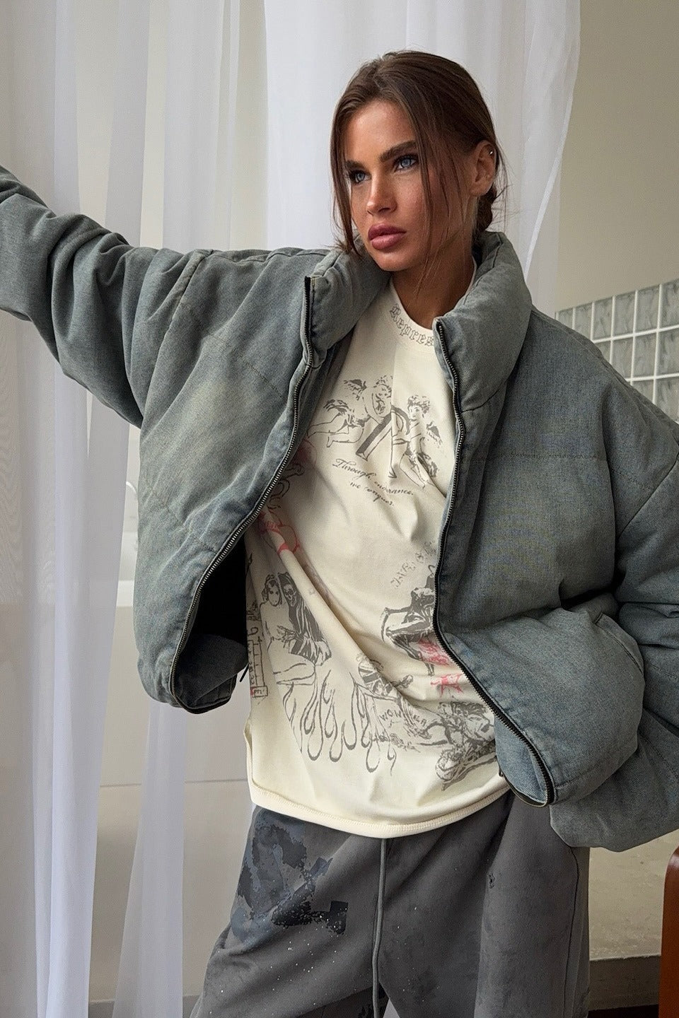 Washed Denim Stand Collar Puffer Jacket image 3