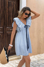 Striped V Neck Ruffle Flutter Sleeve Mini Dress image 3