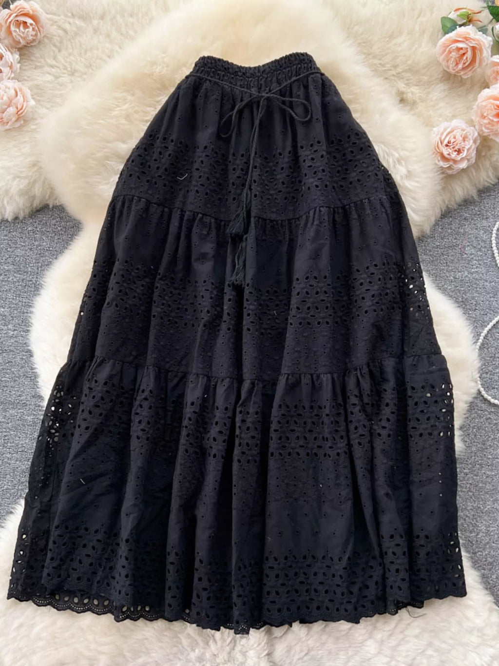 Soleil Eyelet Skirt detail view styled for Avrienne