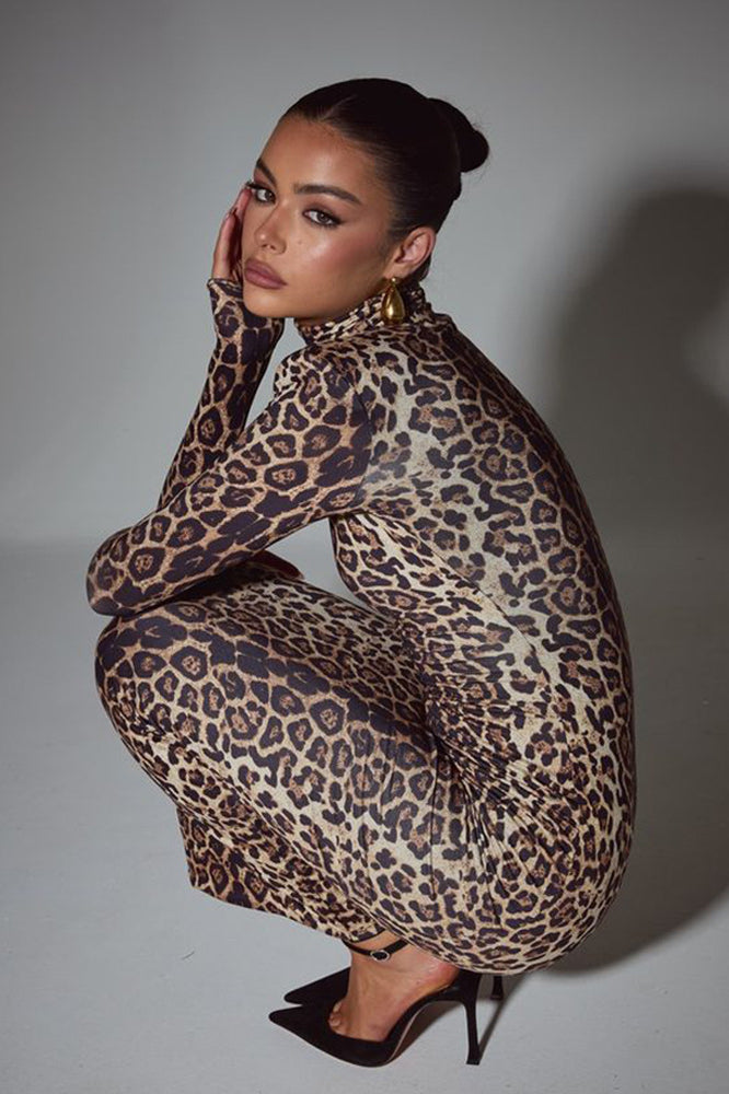 Elegant Leopard Mock Neck Bodycon Maxi Dress image 1