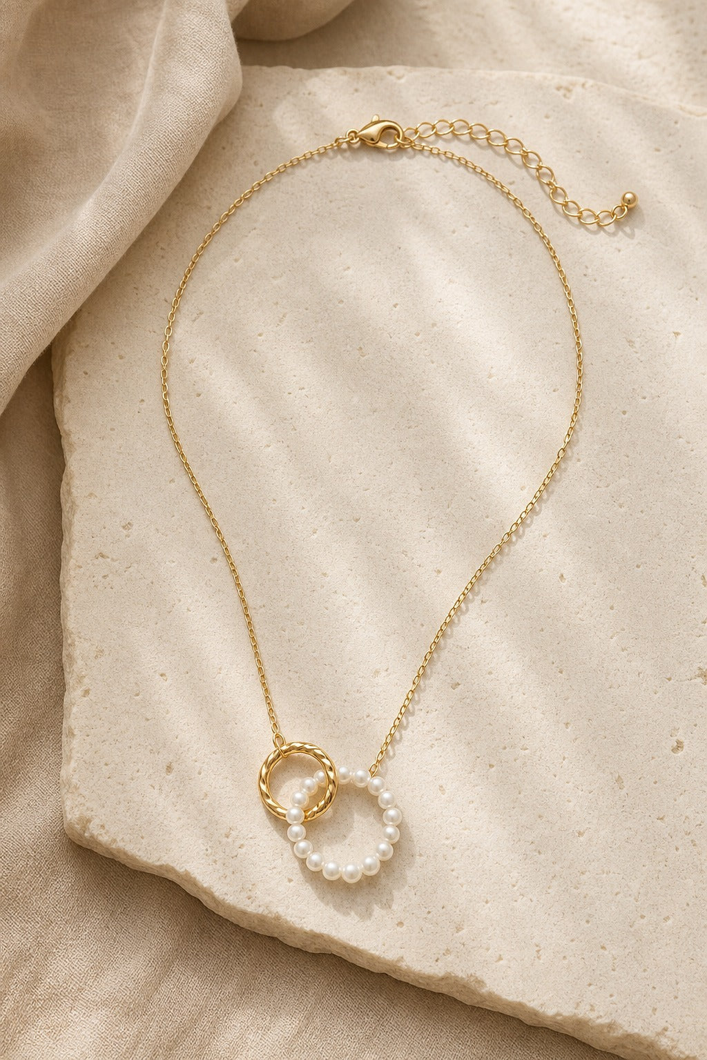 Alba Pearl Pendant Necklace White/Gold alternate angle showing clasp and chain length