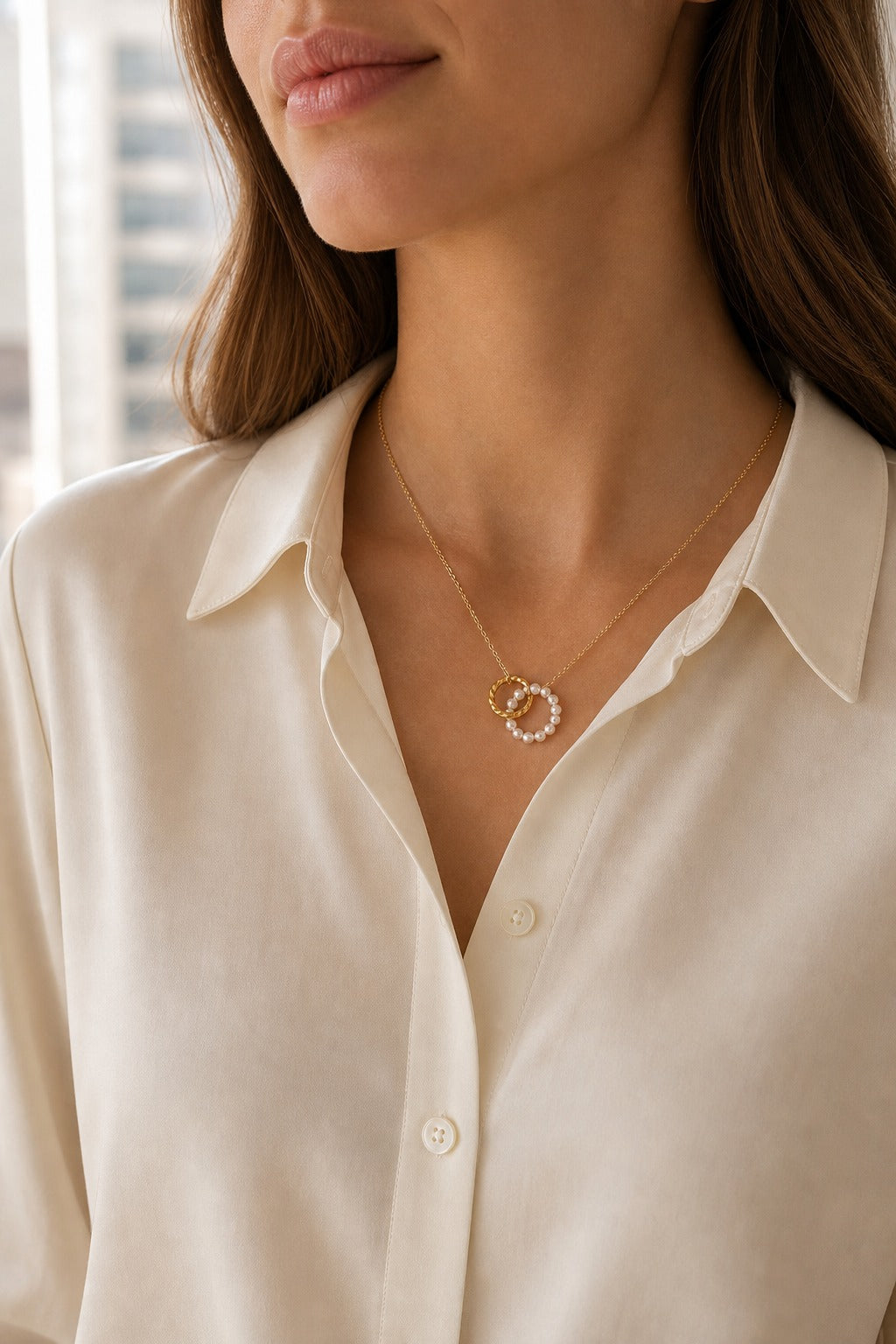 Alba Pearl Pendant Necklace White/Gold worn with an ivory blouse in an Avrienne lifestyle view
