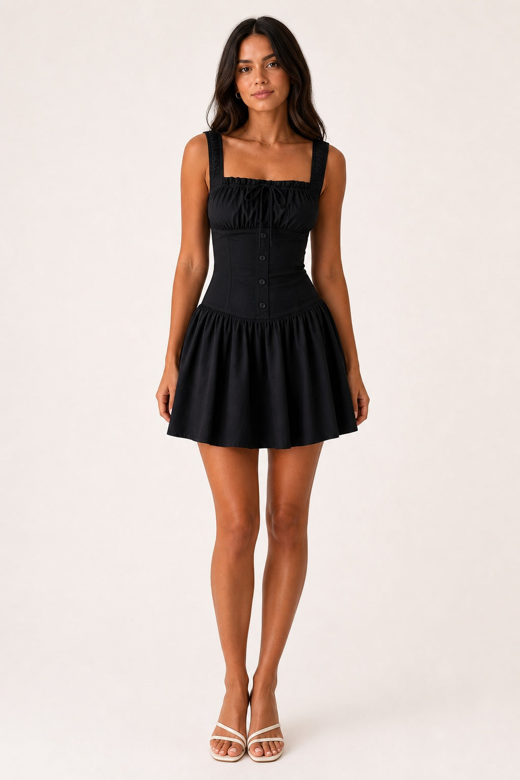 Allegra Button Cami Dress in Black front view