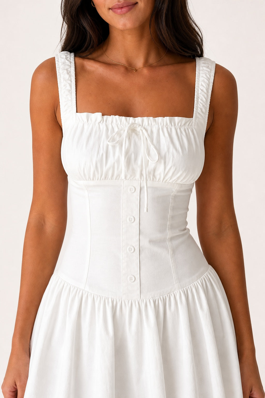 Allegra Button Cami Dress in white bodice and button detail