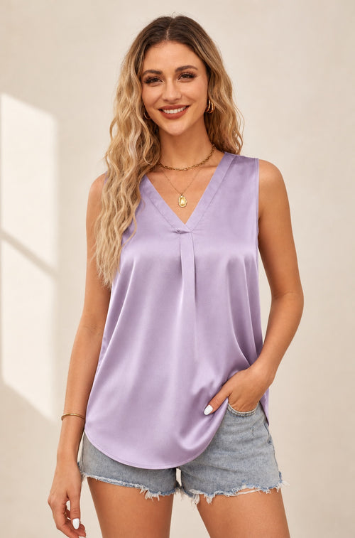 Amara V-Neck Satin Tank in Lilac front studio view