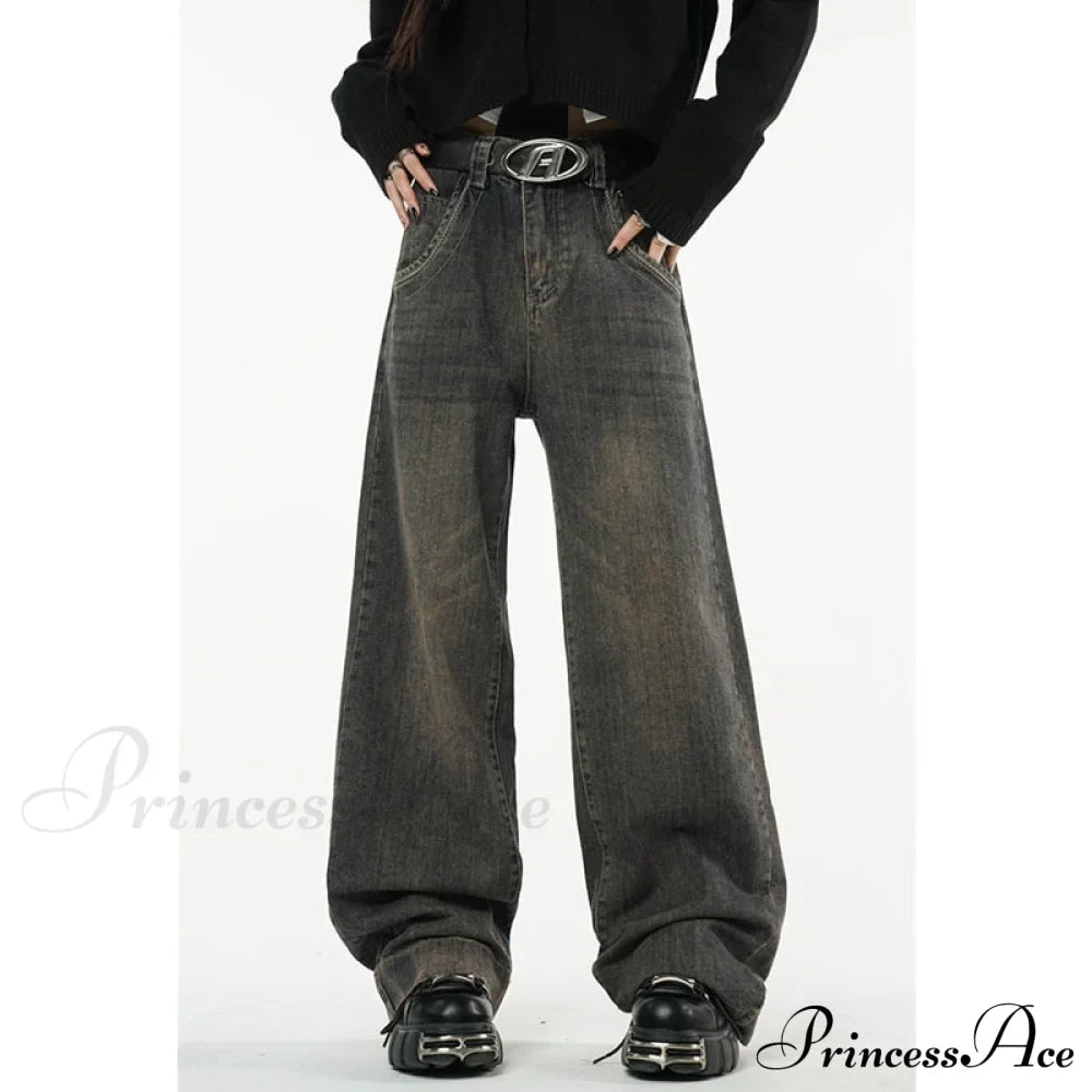 American Fashion Blue Jeans Waist Vintage High Streetwear Dark Leg Women - Denim Wide Trouser image 4