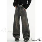American Fashion Blue Jeans Waist Vintage High Streetwear Dark Leg Women - Denim Wide Trouser image 4