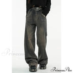 American Fashion Blue Jeans Waist Vintage High Streetwear Dark Leg Women - Denim Wide Trouser image 3