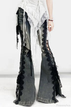 American Retro Lace Strap Slit Bell-bottom Jeans image 2