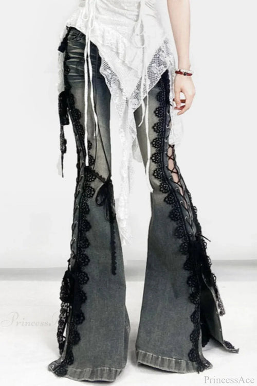American Retro Lace Strap Slit Bell-bottom Jeans image 2