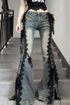 American Retro Lace Strap Slit Bell-bottom Jeans image 3
