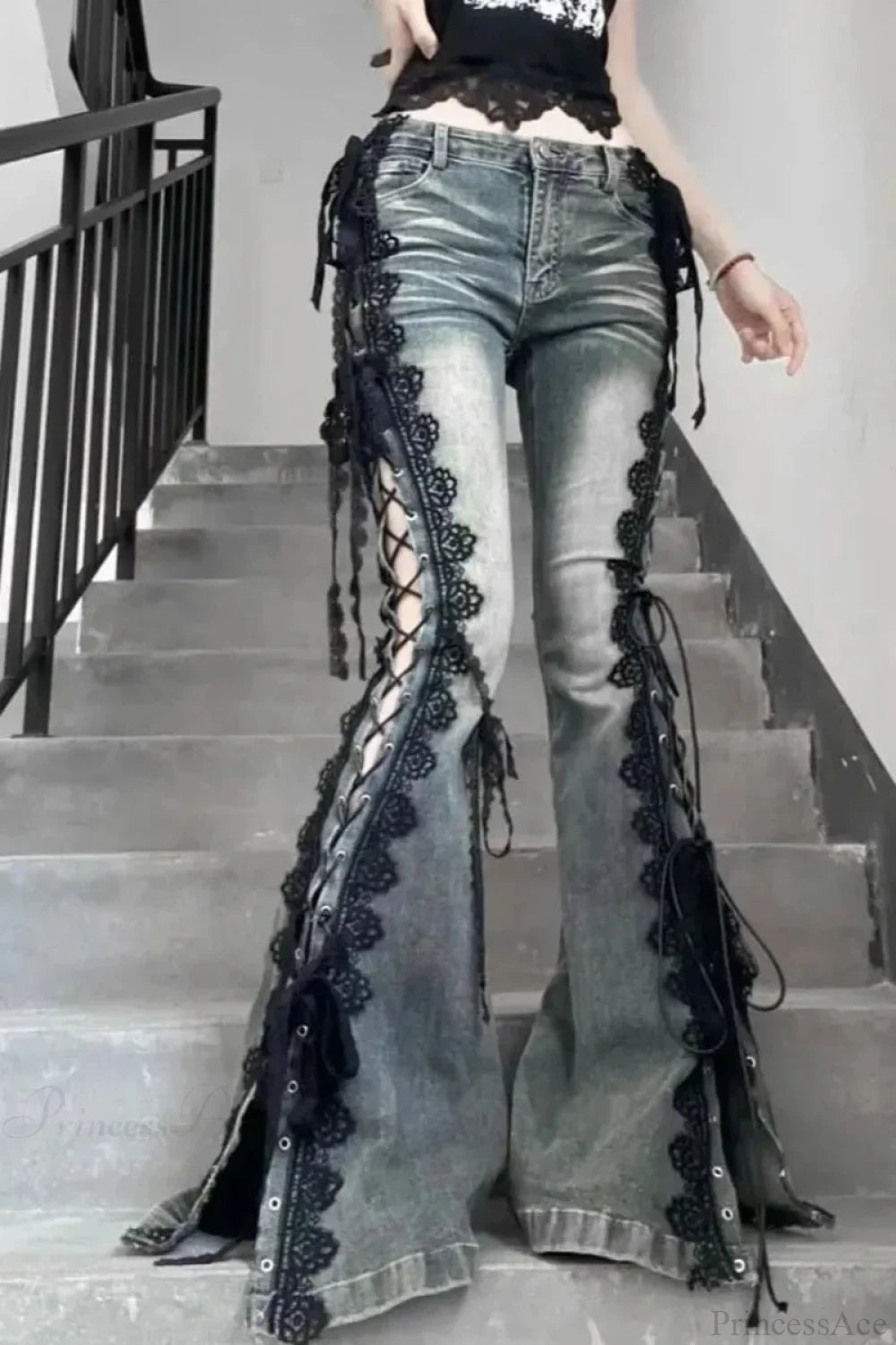 American Retro Lace Strap Slit Bell-bottom Jeans image 4