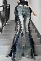 American Retro Lace Strap Slit Bell-bottom Jeans image 4