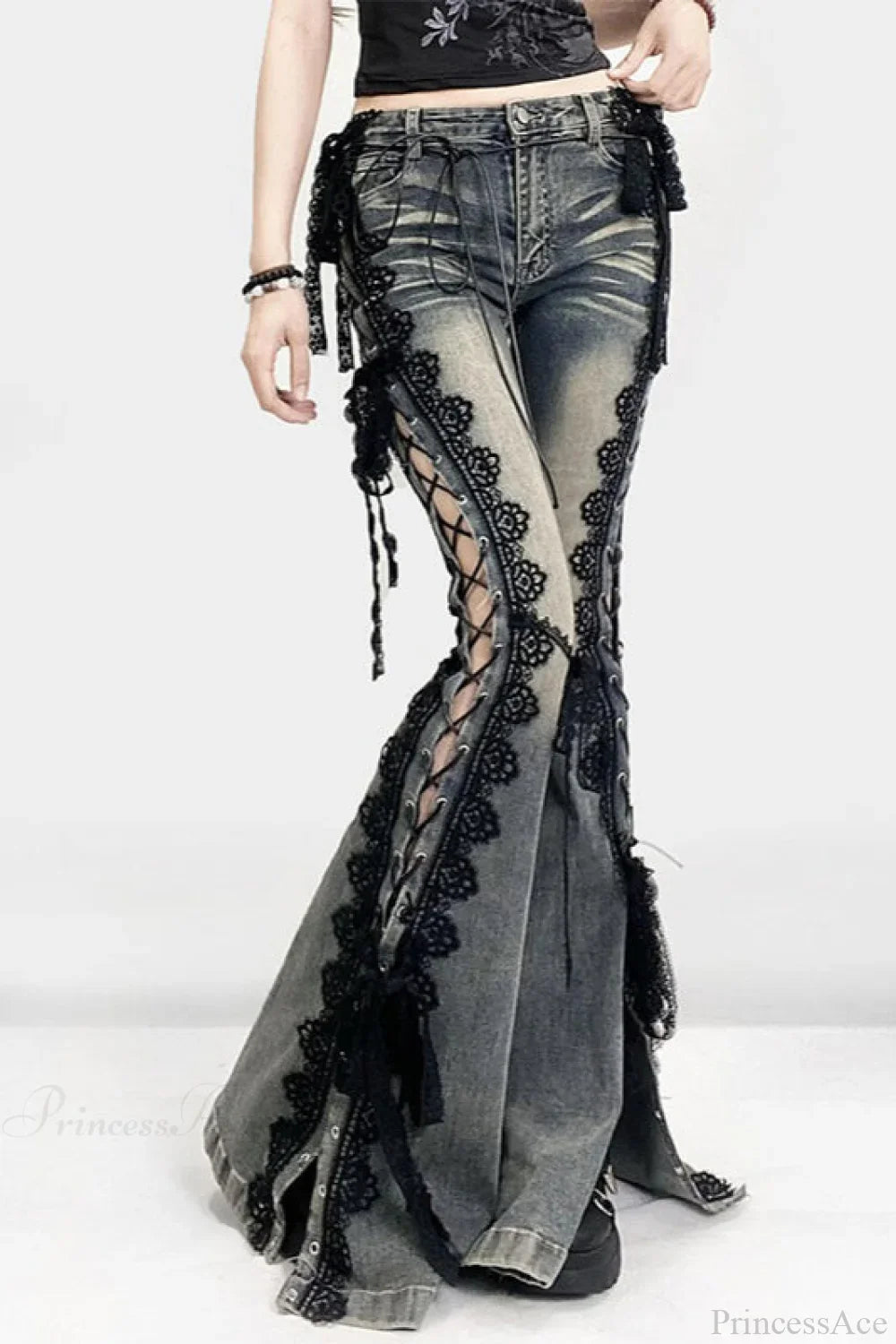 American Retro Lace Strap Slit Bell-bottom Jeans image 1