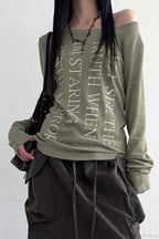 American Retro Oblique Collar Letter Print Long Sleeve Tee image 5