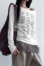 American Retro Oblique Collar Letter Print Long Sleeve Tee image 2