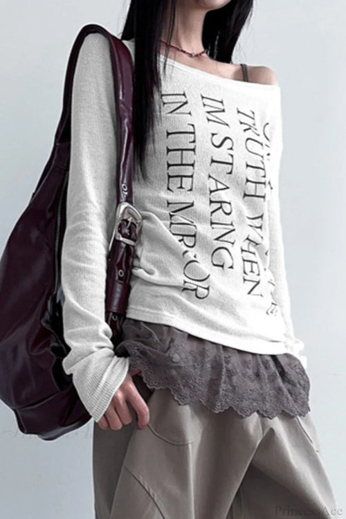 American Retro Oblique Collar Letter Print Long Sleeve Tee image 2