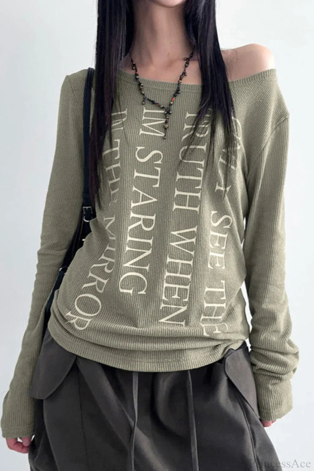 American Retro Oblique Collar Letter Print Long Sleeve Tee image 4