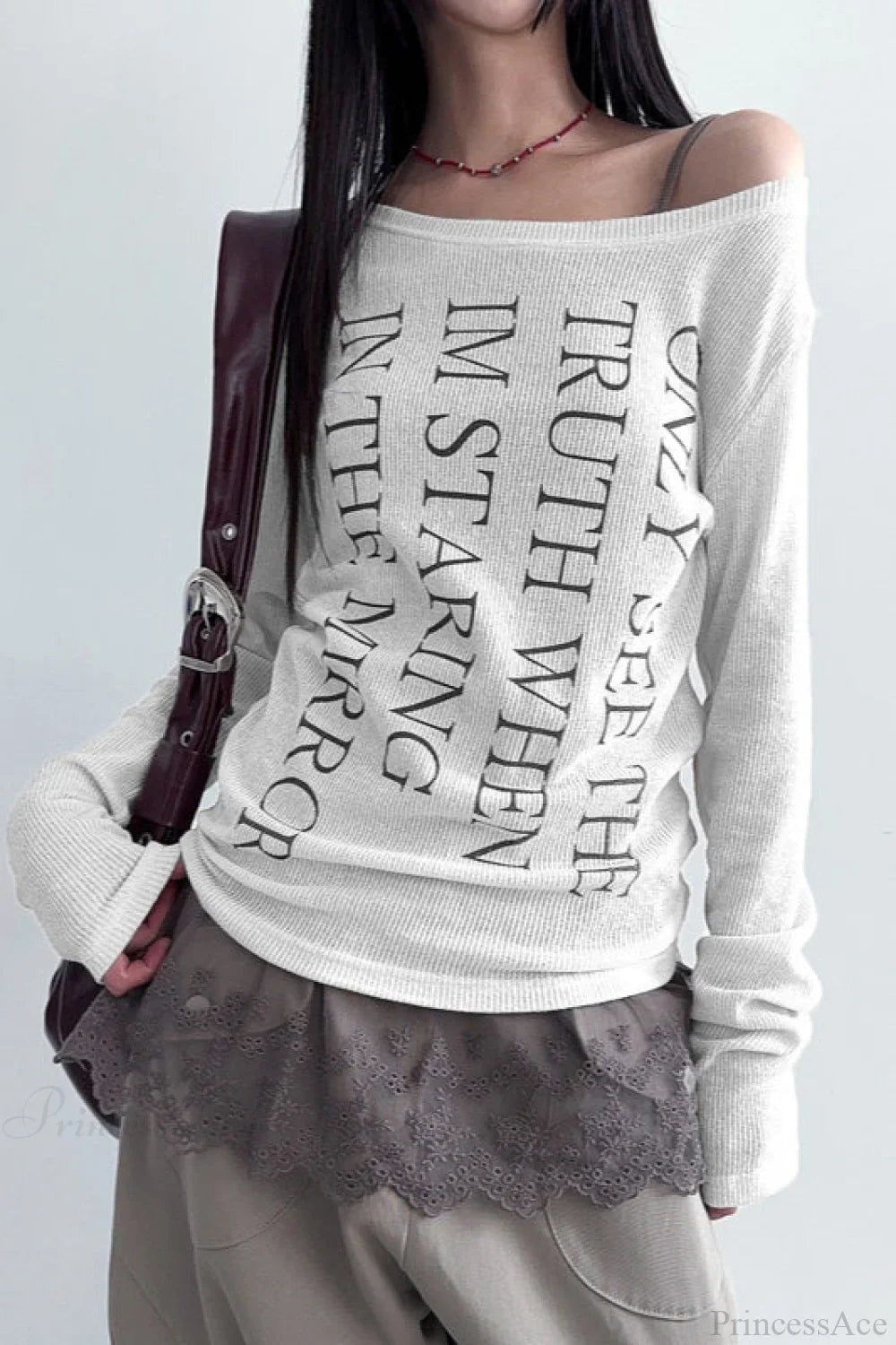 American Retro Oblique Collar Letter Print Long Sleeve Tee image 1