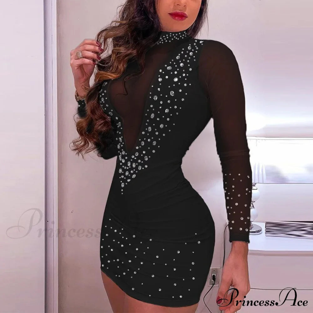 and Arm Detail - Gown Diamond with Lace Long Sheer Mesh Elegant Sequined Patchwork Party Mini Women's Bodycon Dress image 1