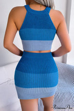and with Set Skirt Crop Sleeveless Color Top Block Knit Design image 2