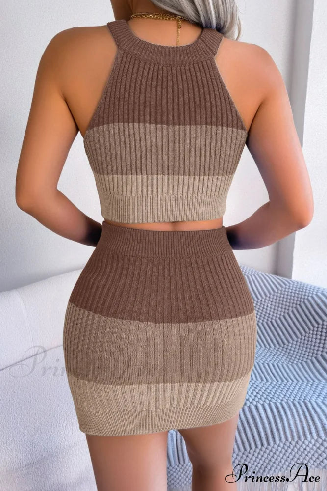 and with Set Skirt Crop Sleeveless Color Top Block Knit Design image 9