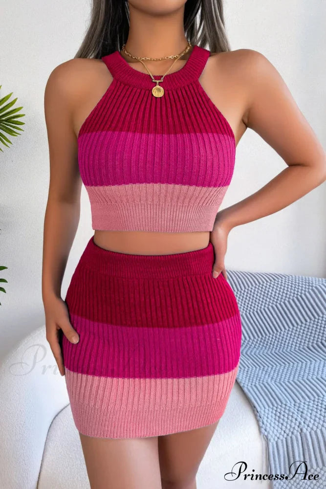 and with Set Skirt Crop Sleeveless Color Top Block Knit Design image 4
