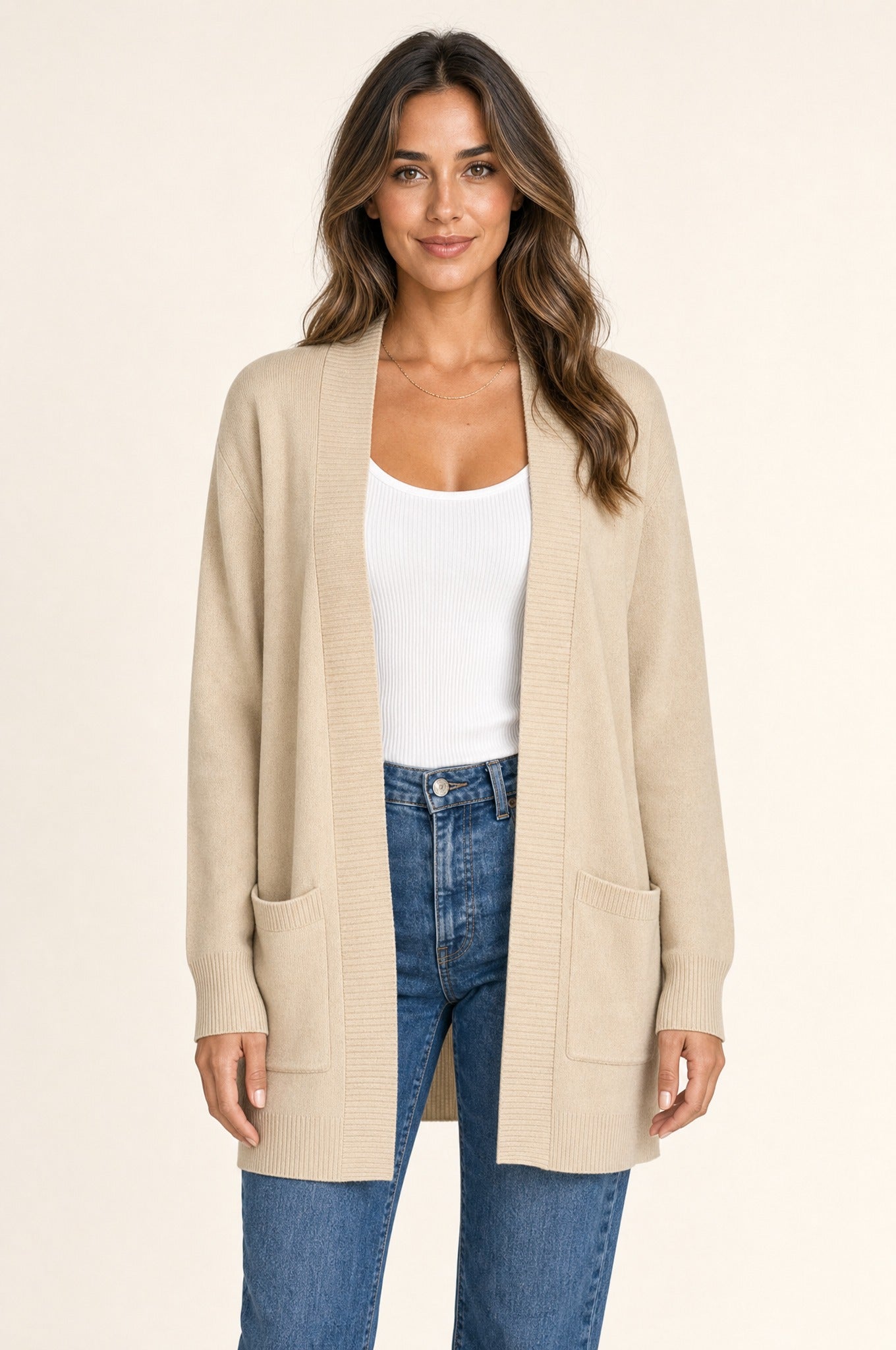Anya Open Cardigan in tan, front studio view