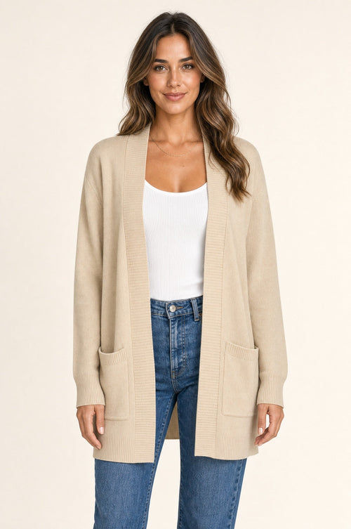 Anya Open Cardigan in tan, front studio view