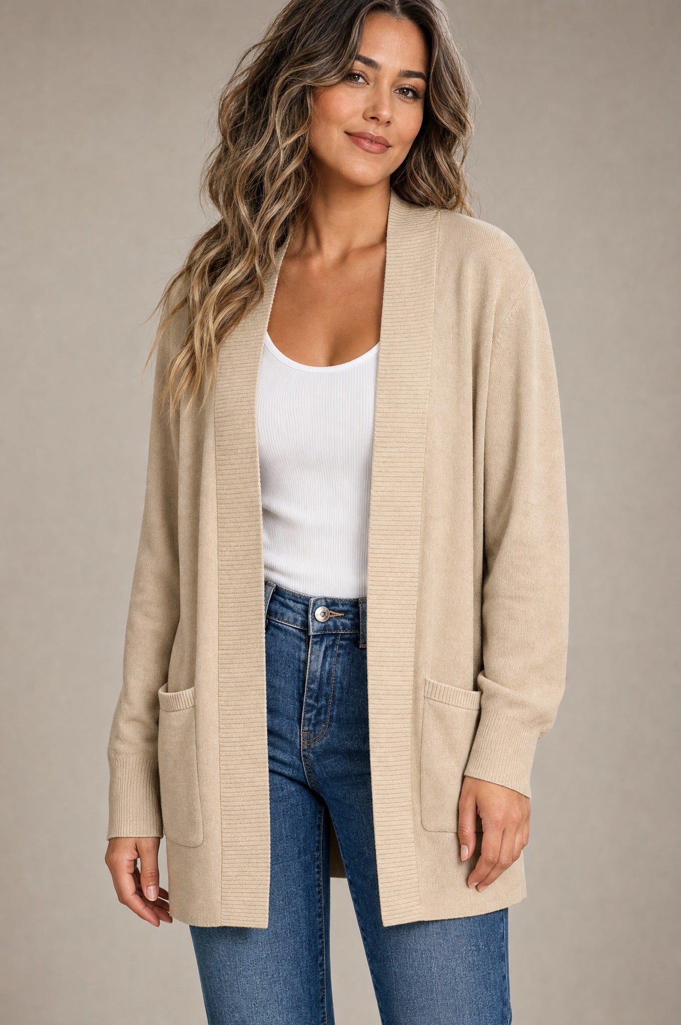 Anya Open Cardigan in tan, knit texture and pocket detail