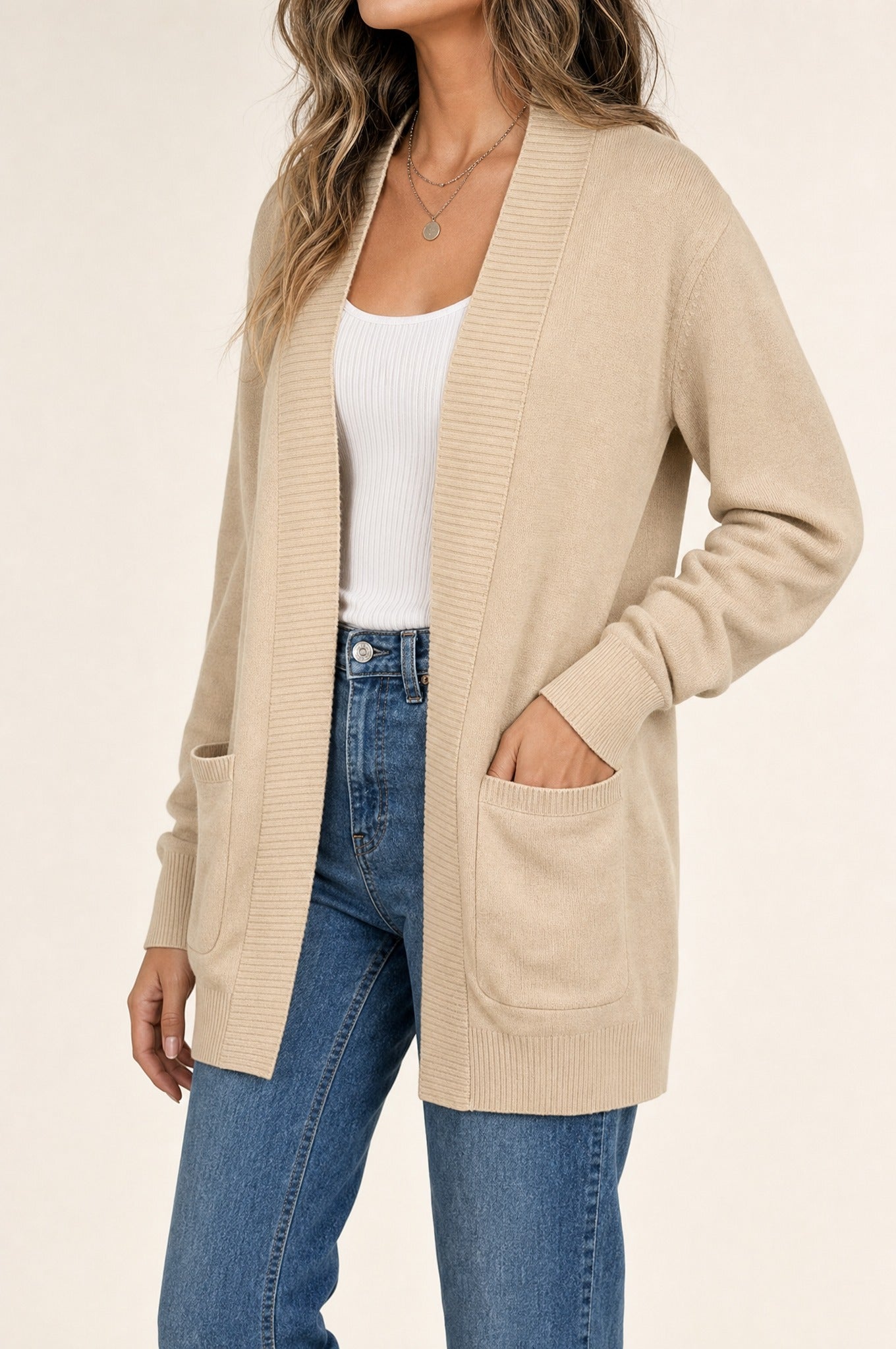 Anya Open Cardigan in tan, side studio view