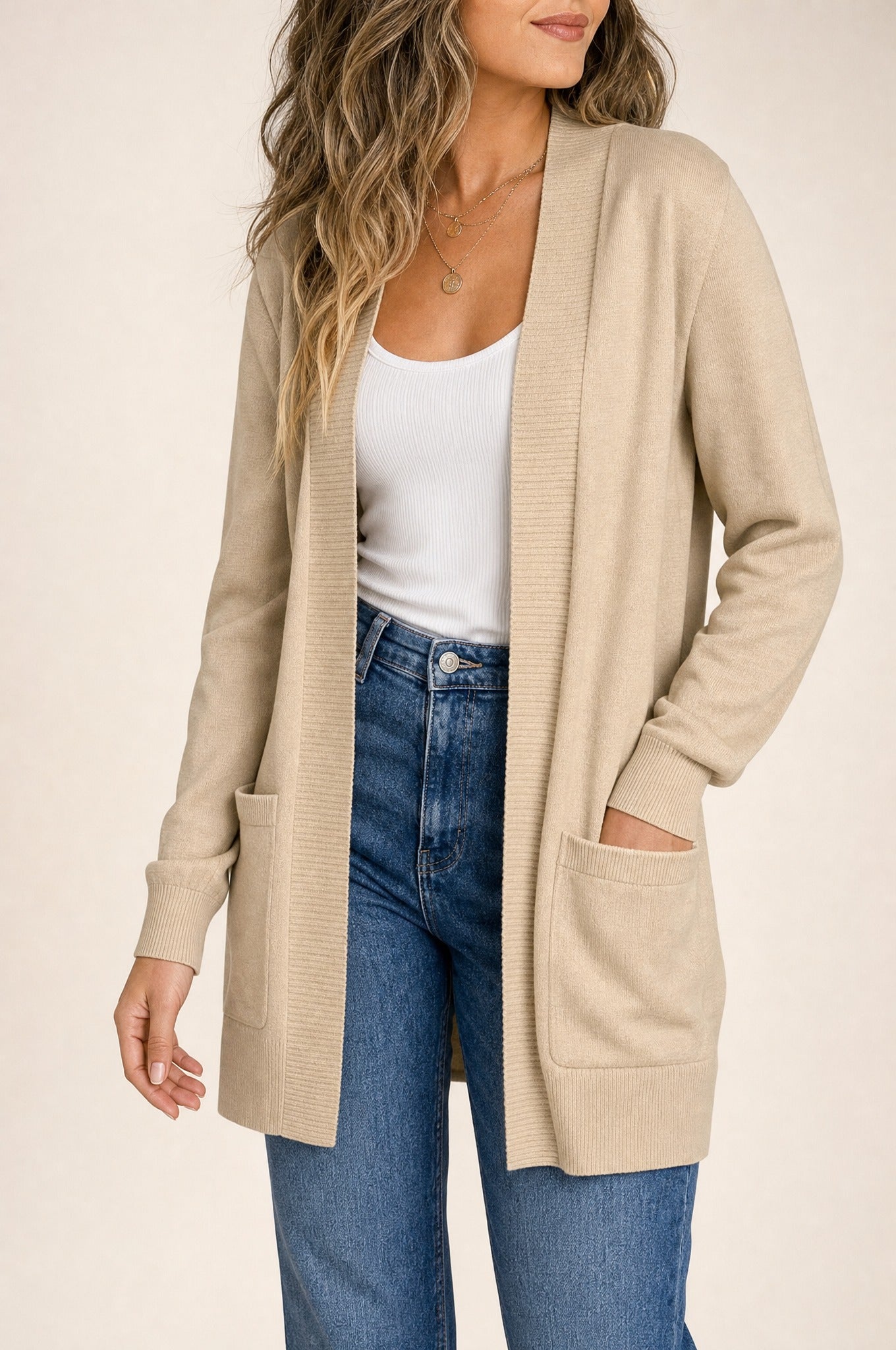 Anya Open Cardigan in tan, opposite side studio view