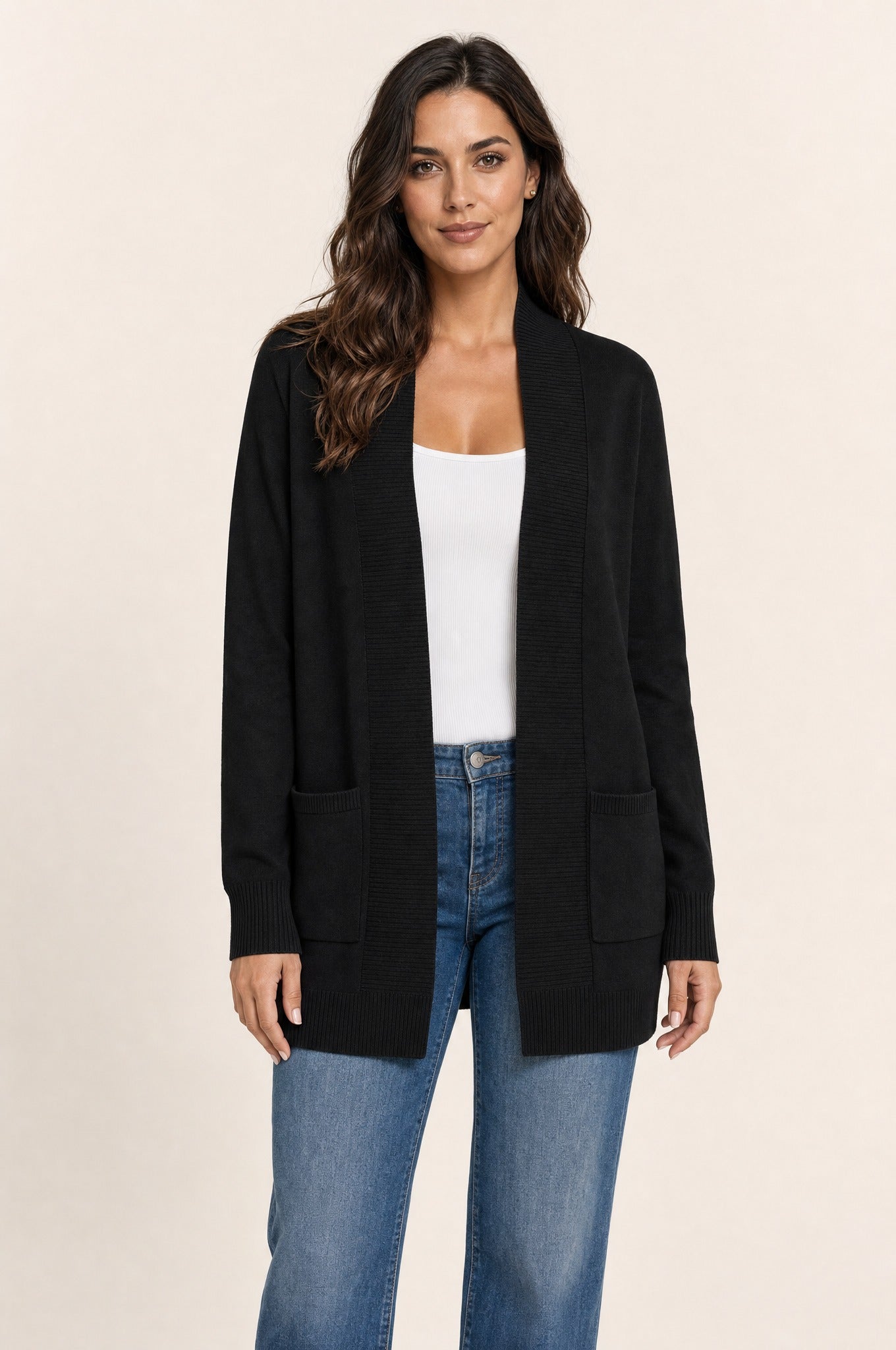 Anya Open Cardigan in black, front variant view