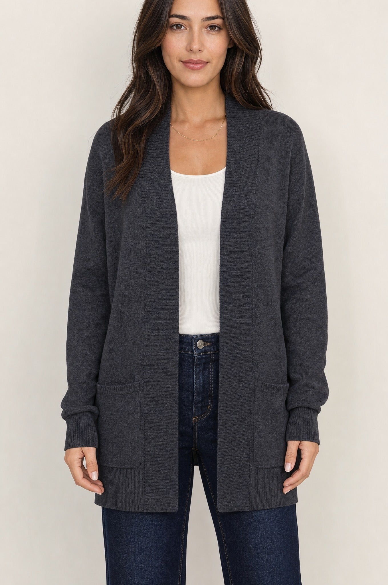 Anya Open Cardigan in dark gray, front variant view