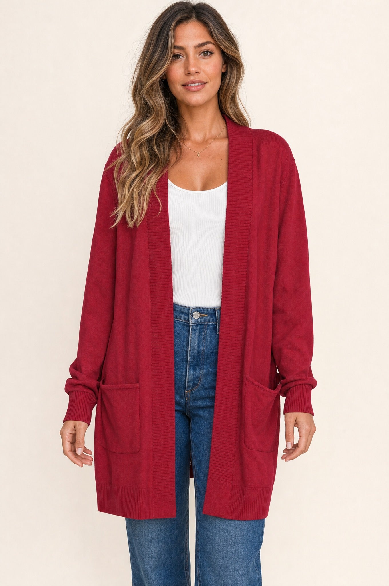Anya Open Cardigan in deep red, front variant view