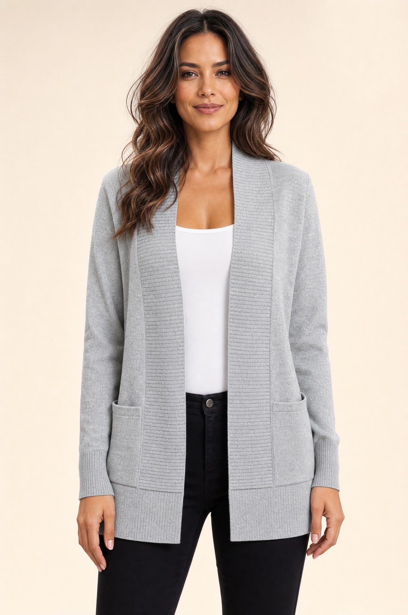 Anya Open Cardigan in gray, front variant view